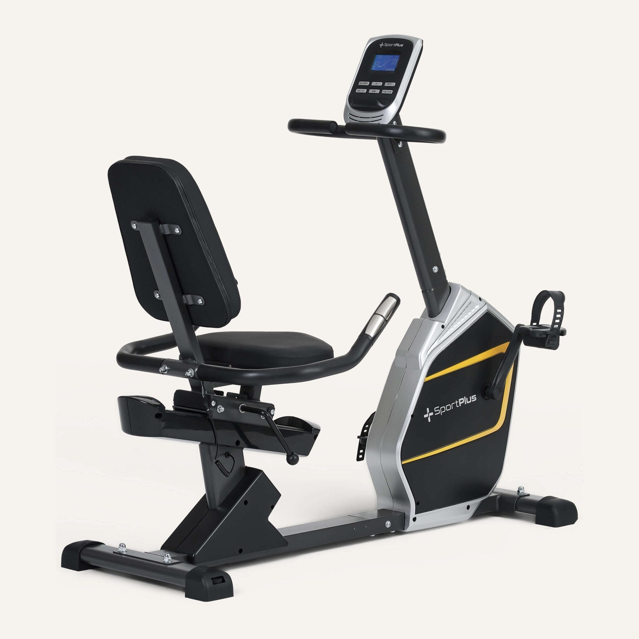Liegeheimtrainer mit App-Steuerung &amp; 9 kg Schwungmasse SP-RB-9900-iE SportPlus Black/Sun 